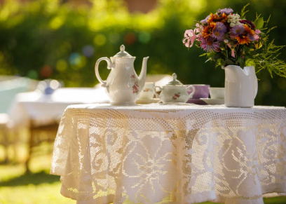 Tea set on table outdoors