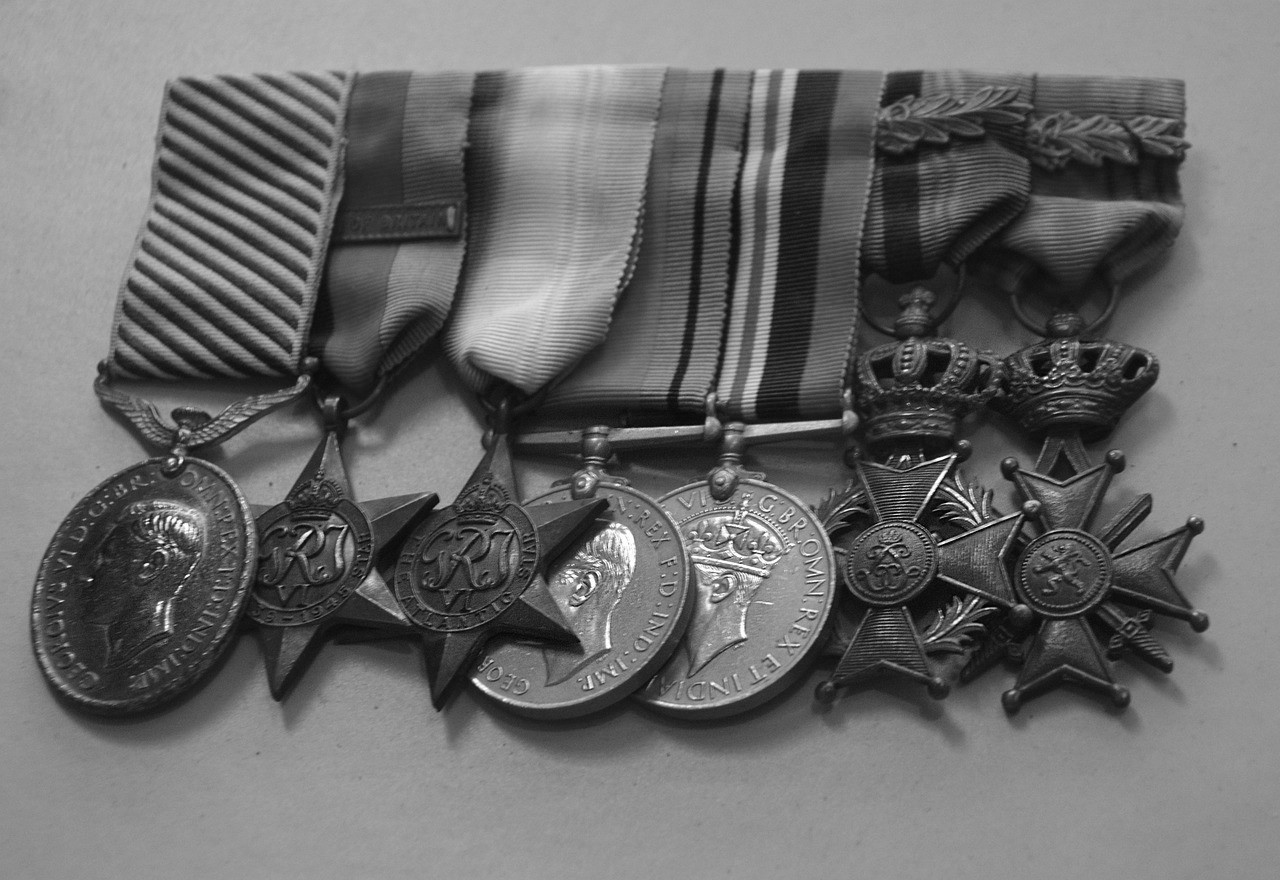 black & white image of military medals