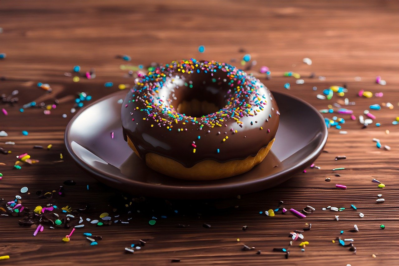 DONUT WITH CHOCOLATE ICING & SPRINKLES ON PLATE WITH WOOD BACKDROP