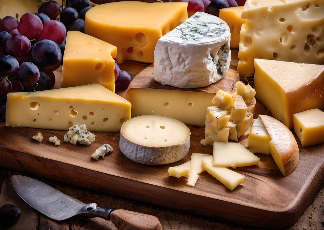 close up of an assortment of cheese on cutting board