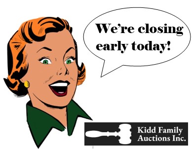 antique style ad, woman with speech bubble "We're closing early today!"