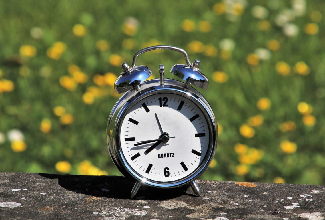 clock on a piece of wood with grass and yellow flowers blurred in the background