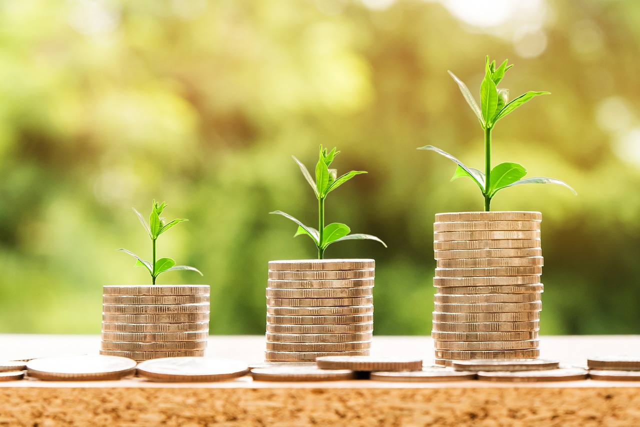 three stacks of gold coins with plants growing out of the top with a sunny blurred green background