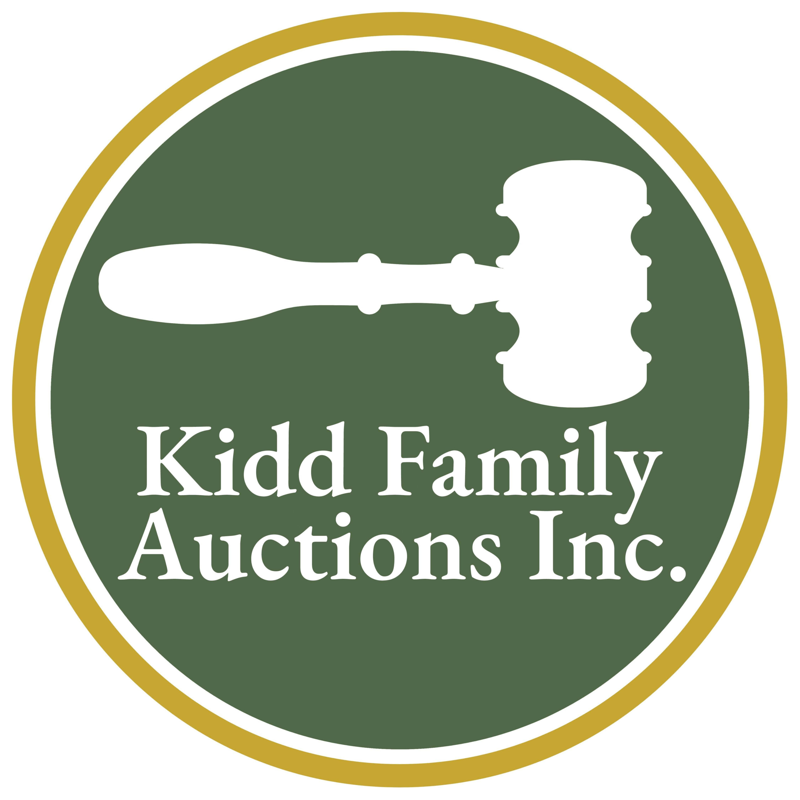 Kidd Family Auctions logo. white gavel on top of company name, inside earth green circle with outter gold circle.